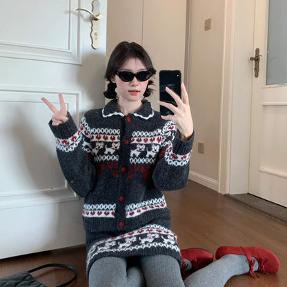 Knitted Suit Women 2025 Fashion Vintage Sping Autumn Cardigan Sweater Coat Short Skirt Ladies Two Piece Set Outfits