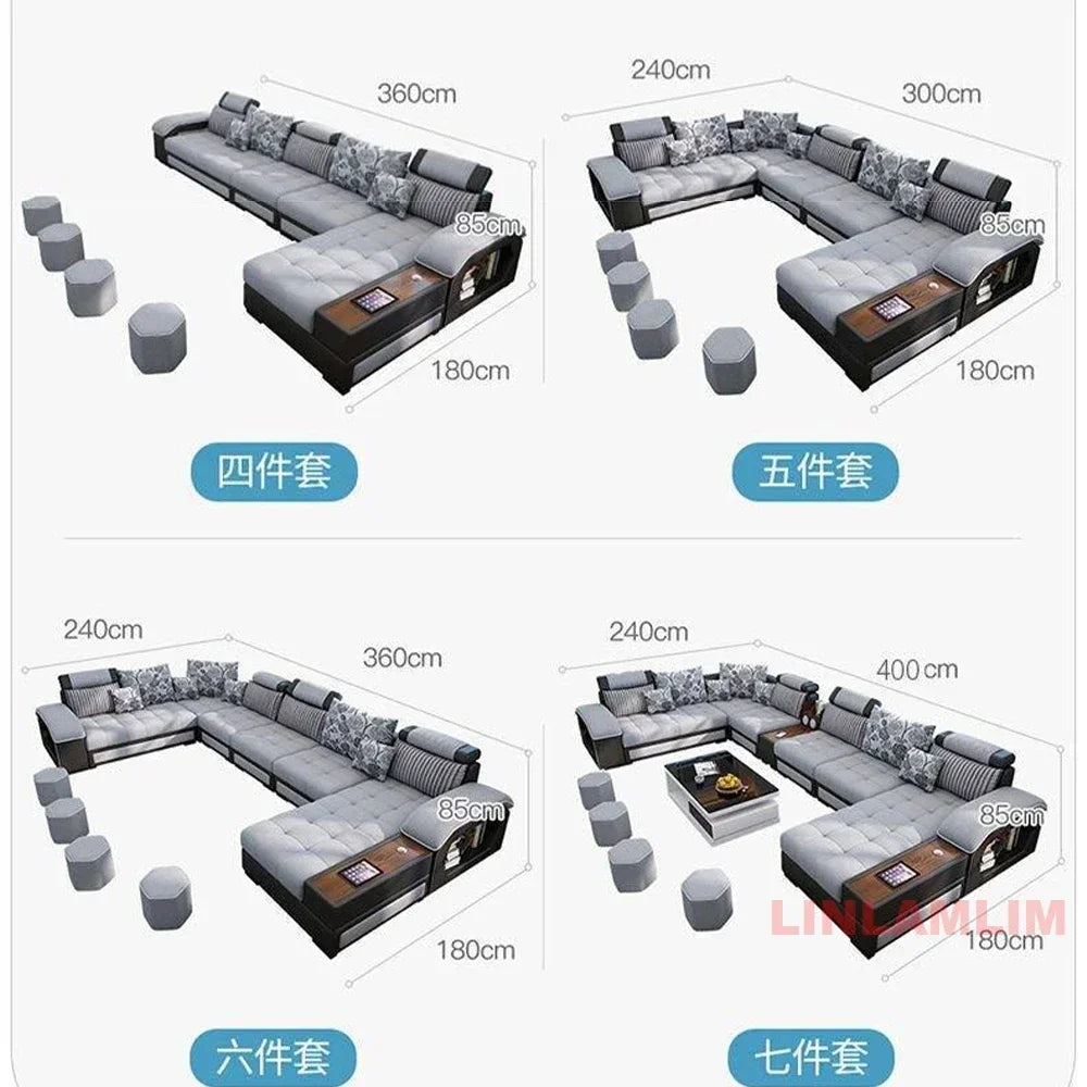 Linlamlim U-Shaped Sectional Fabric Sofa Set - Modern Living Room Furniture with Storage, Built-in Side Table, USB, and...