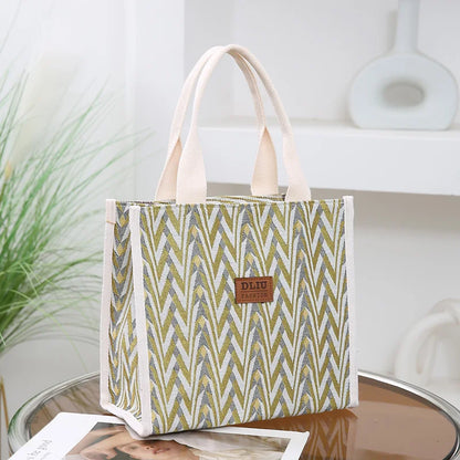 Chevron Pattern Canvas Tote Bag, Retro Letter Patch Decor Handbag, Women's Causal Shopper & Commuter Bag