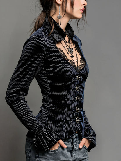 Women's Gothic Black Striped Blouse Lace Trim V Neck Long Bell Sleeve Button Front Shirt Vintage Punk Party Tops