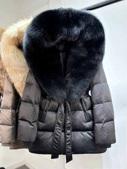 2025 New Natural Thick Warm 90% White Goose Down Coat Long Winter Jacket Women Real Big Fox Fur Collar Belt Loose Puffer Parka