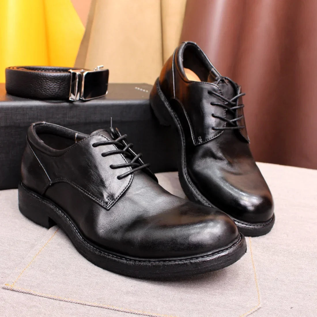 Men's Handmade Goodyear Sewn Derby Formal Shoes Soft Genuine Leather round Toe Comfortable Non-Slip Casual Shoes