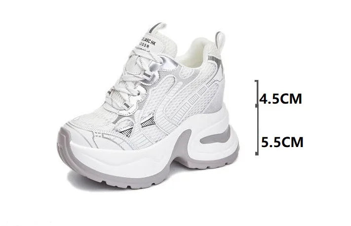 2025 12cm Synthetic Air Mesh Genuine Leather Vulcanize Chunky Sneakers Summer Autumn Leisure Spring Women Platform Wedge Pumps - Kimlud