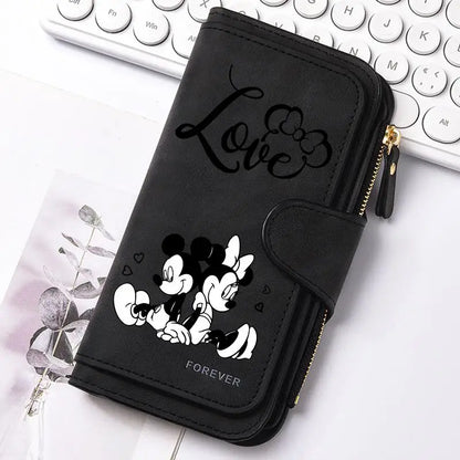  Mickey Minnie Lady Long Zip Wallet Buckle Tote Bag Coin Purse Soft PU Leather Multi-functional Card Holder Casual Daily
