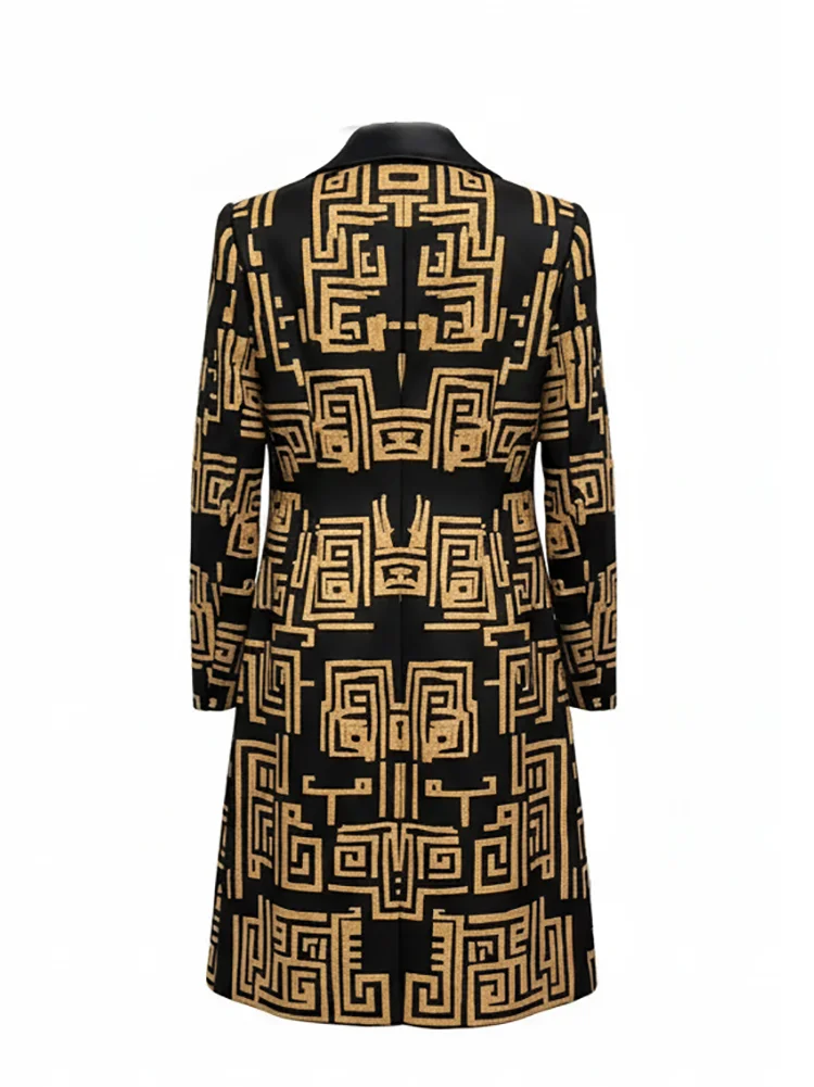 Modigirl 2026 New Spring Women's  Vintage Midi Length Coat Urban Trendy Golden Meander Print Long Jackets Pockets female