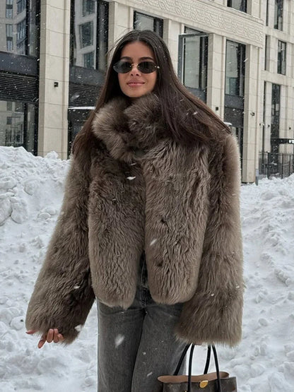 Women Patchwork Faux Fur Coat Elegant Contrast Full Sleeve Lapel Loose Long Staple Plush Jacket Winter High Street Outerwears