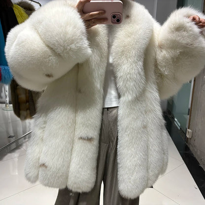 YOLOAgain Women's Luxury White Fox Fur Coat 2024 Winter Warm Real Fox Fur Jacket