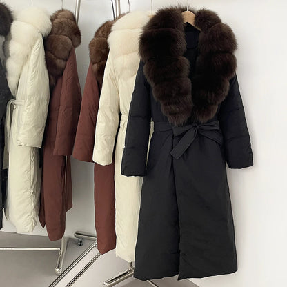 OFTBUY Long Puffer coat Real Fox Fur White Duck Down Coat New Winter Women Collar Fluffy  Jacket Female Thick Warm Reality Fur