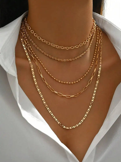 5pcs/Set Simple Braided Bead Chain Necklaces, Gold Tone, Layered Pendant Necklace Set For Women Daily And Party Wear