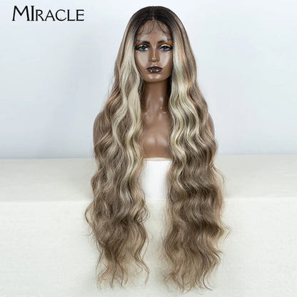 MIRACLE Synthetic 34 Inch Lace Front Wig for Women Ombre Blonde Loose Wave Wigs Famale Cosplay Wig Long Lace Wigs Wavy Fake Hair