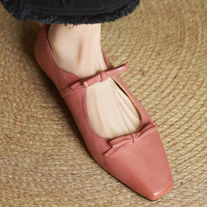 Women's cow leather double bowtie slip-on flats loafers square toe high quality female sweet daily moccasins shoes for woman hot - Kimlud