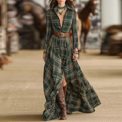 Elegant Western Vintage Plaid Women Shirt Dress Single-breasted Lapel Long Sleeve Maxi Robe A-Line Autumn Long Dresses Vestidos