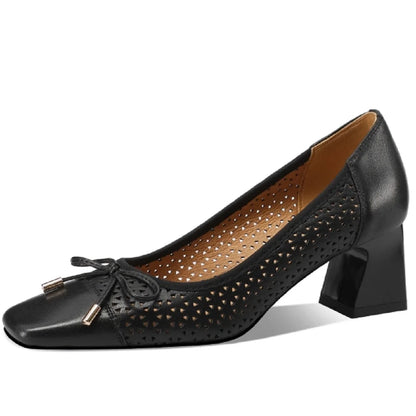 【JOCHEBED HU】New Fashion Hollow Out Women Pumps Square Toe Summer Shoes Chunky Heels Handmade Genuine Leather Shoes 33-43 - Kimlud