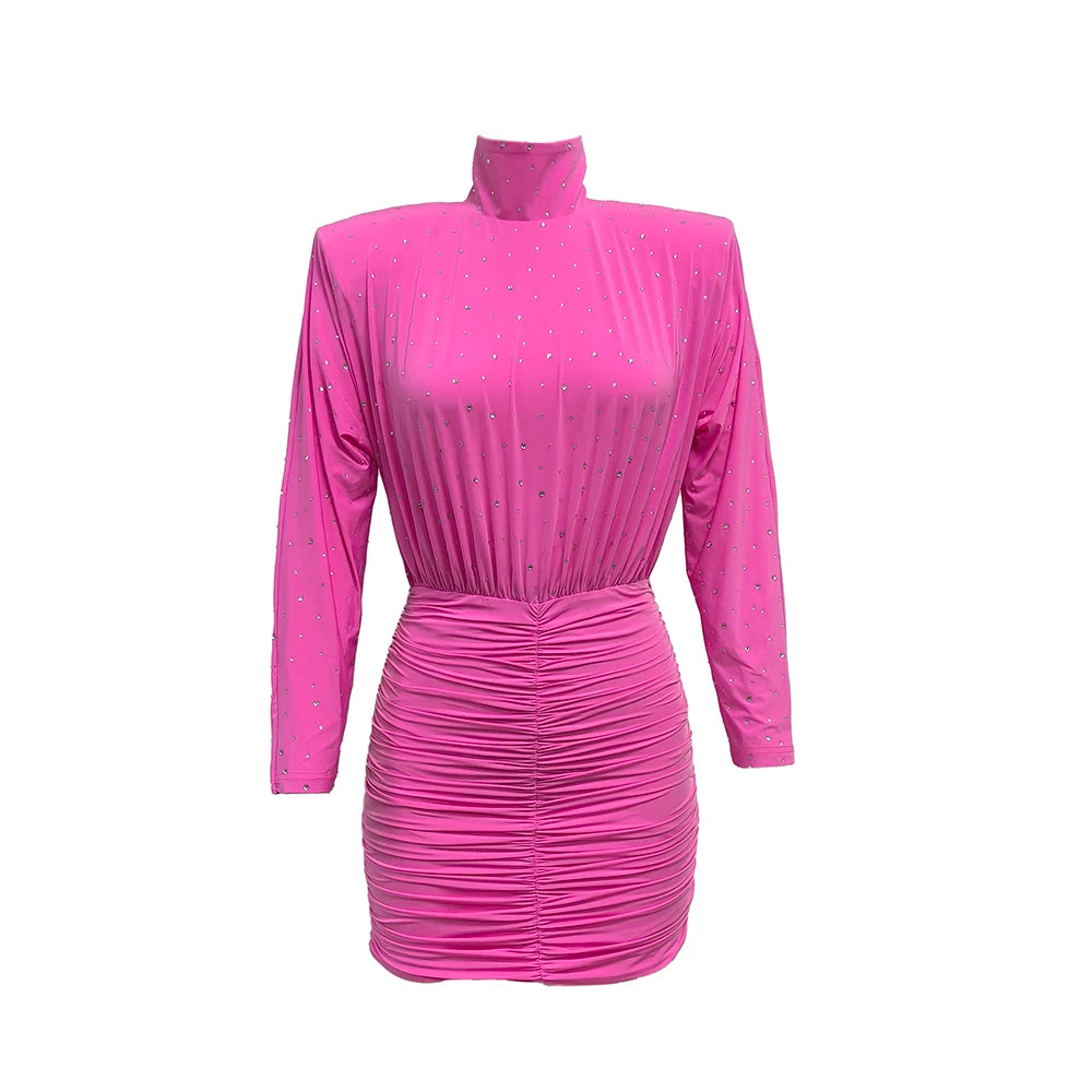 VC Chic Hot Pink High Neck Long Sleeve Mini Dress with Sparkling Rhinestone Embellishments and Ruched Detailing
