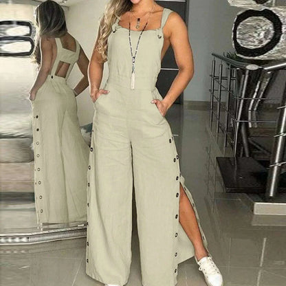 Women's Summer Sleeveless Cotton Linen Playsuits Strappy Side Button Opening Overalls Loose Long Wide Leg Pants Female Jumpsuits