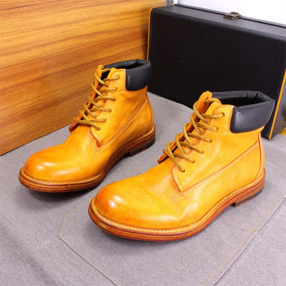 Men's British Style Ankle Boots Soft Handmade Genuine Leather Sole Windproof Comfortable Lace-up Winter Motorcycle Shoes