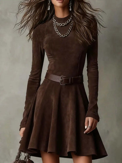 Casual O-neck Long Sleeve Suede Party Dress ElegantSpl  it Solid Slim Long Dress Women Fashion With Belt Tie-Up Maxi Dress