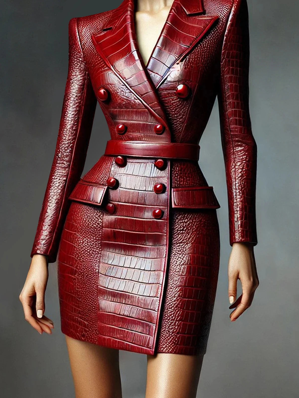 New PU Leather Dresses for Women Lapel Collor Double Breasted Alligator Pattern Belt Mini Dress Long Sleeve Elegant Dress  2025