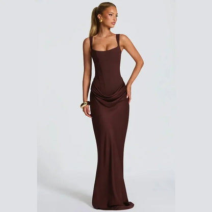 Sexy Luxury Pleated Sling Long Dress Women Elegant Solid Sleeveless Slim Fit Maxi Dresses 2026 Shinny Daily Lady Vestidos New