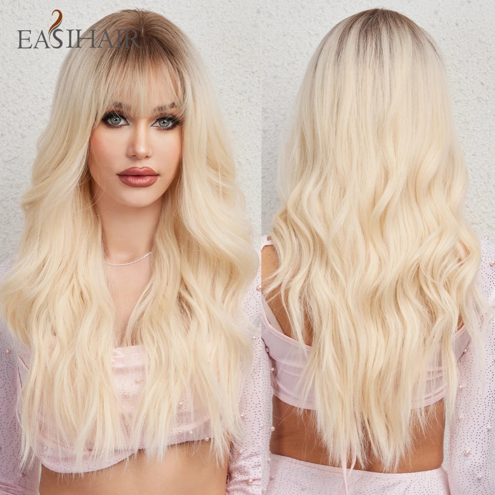 EASIHAIR Sandy Blonde Golden Wavy Synthetic Wigs with Long Bangs Cosplay Lolita Party Hair Wigs for Women Natural Heat Resistant
