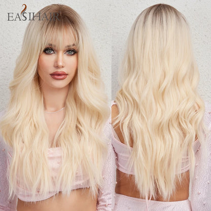 EASIHAIR Sandy Blonde Golden Wavy Synthetic Wigs with Long Bangs Cosplay Lolita Party Hair Wigs for Women Natural Heat Resistant