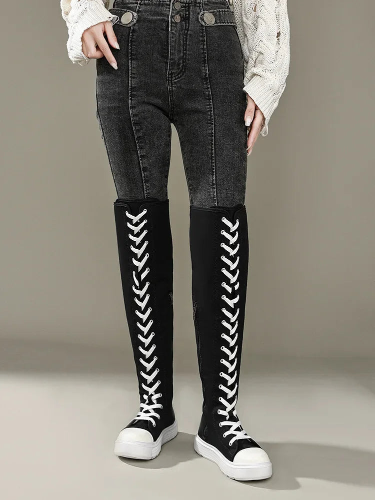 Plus Size Women's Canvas Boots Spring Autumn High Top Side Zipper Simple Long Tube over Knee Shoes Flat Heel Adult Footwear