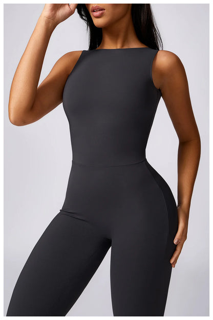 Hollow Out Backless One Piece Yoga Jumpsuit Women Sport Sleeveless Fitness Gym Suit Workout Exercise Skinny Flare Bodysuits
