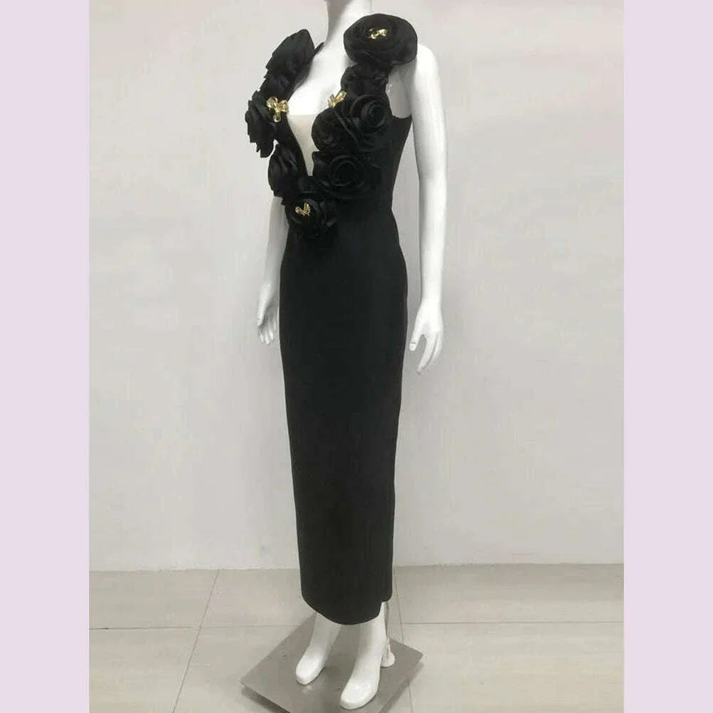 Chic Women Celebrity Sexy Deep V Neck Flower Black Maxi Long Bandage Bodycon Dress 2025 Elegant Evening Club Party Outfit