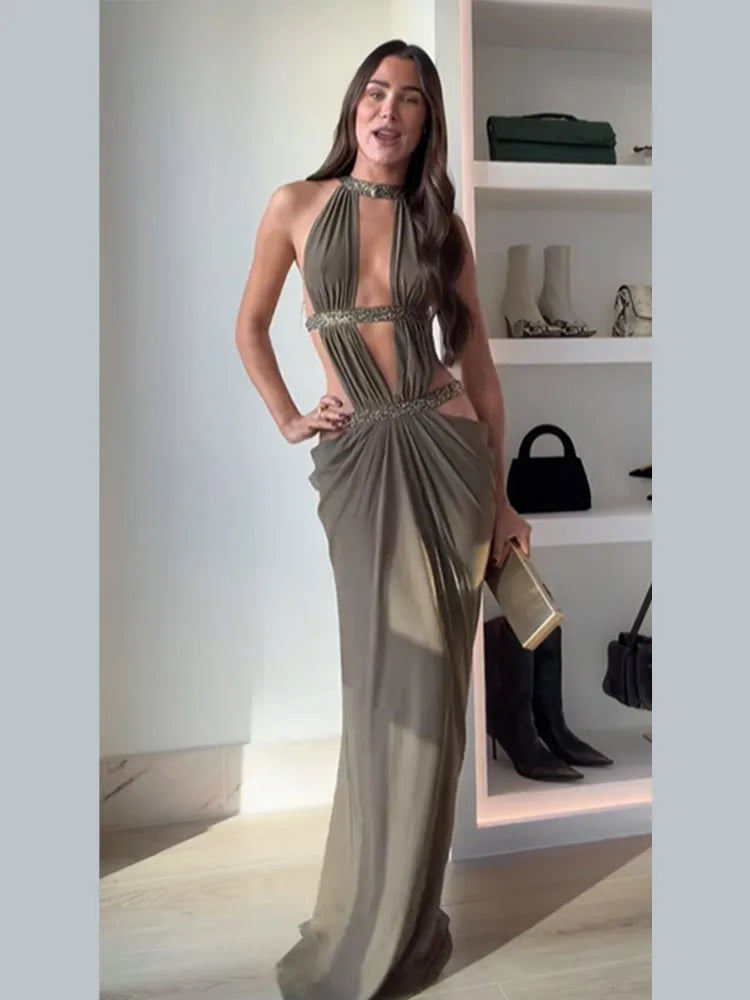 Fashion Hollow Out Maxi Dress Women's Chic U-neck Long Sleeve Solid High Waist Slim Dresses 2025 Lady Sexy Party Vacation Gown