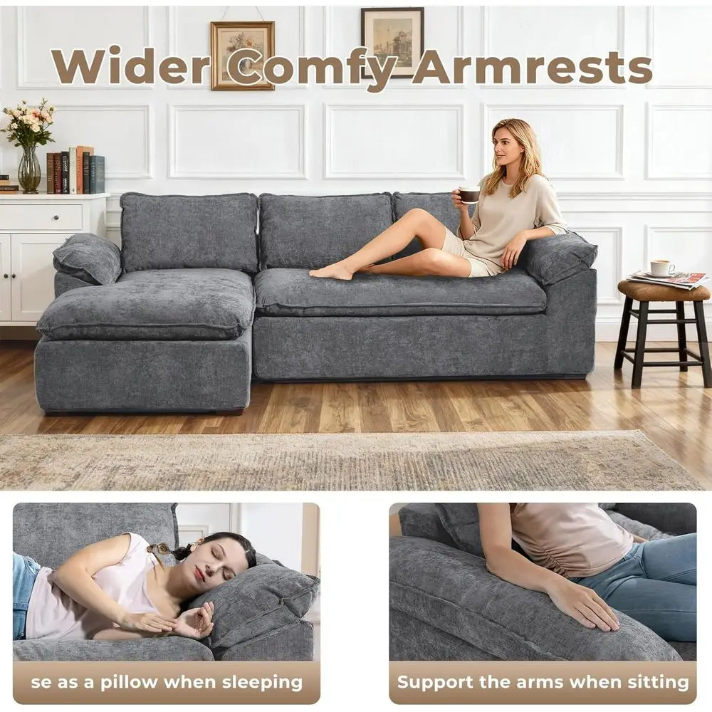 Grey Chenille L-Shaped Sectional Sofa with Deep Seating and Memory Foam, Ready to Use | Kimlud Luxury Chair