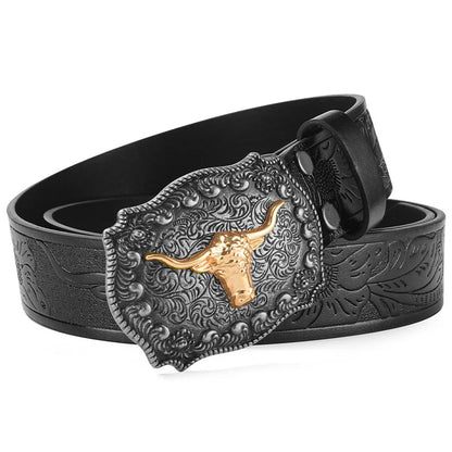New Men's Western Cowboy Belt - Cool Handsome Black PU BELT Material Embossed Design and Stylish Alloy Buckle Men Belt