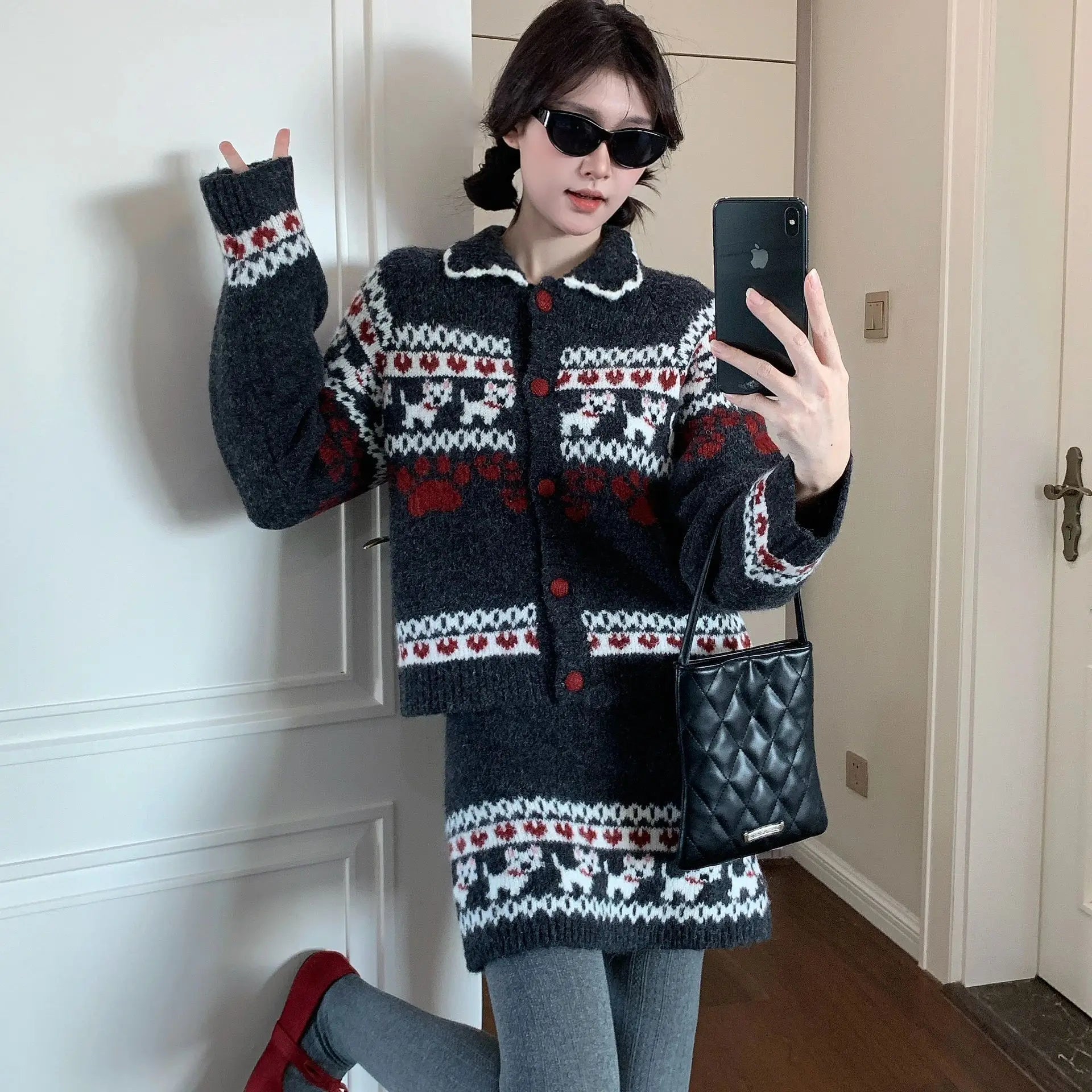 Knitted Suit Women 2025 Fashion Vintage Sping Autumn Cardigan Sweater Coat Short Skirt Ladies Two Piece Set Outfits