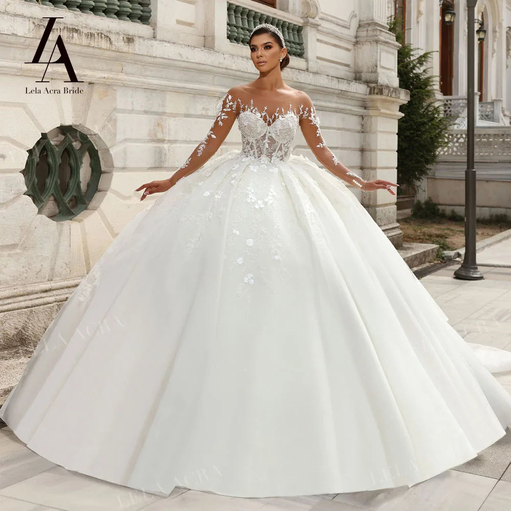 LelaAcra 3D Flowers Wedding Dress 2026 Long Sleeve Sweetheart Luxury Ball Gown Princess Bride SM161 Plus Size Vestido de Noiva