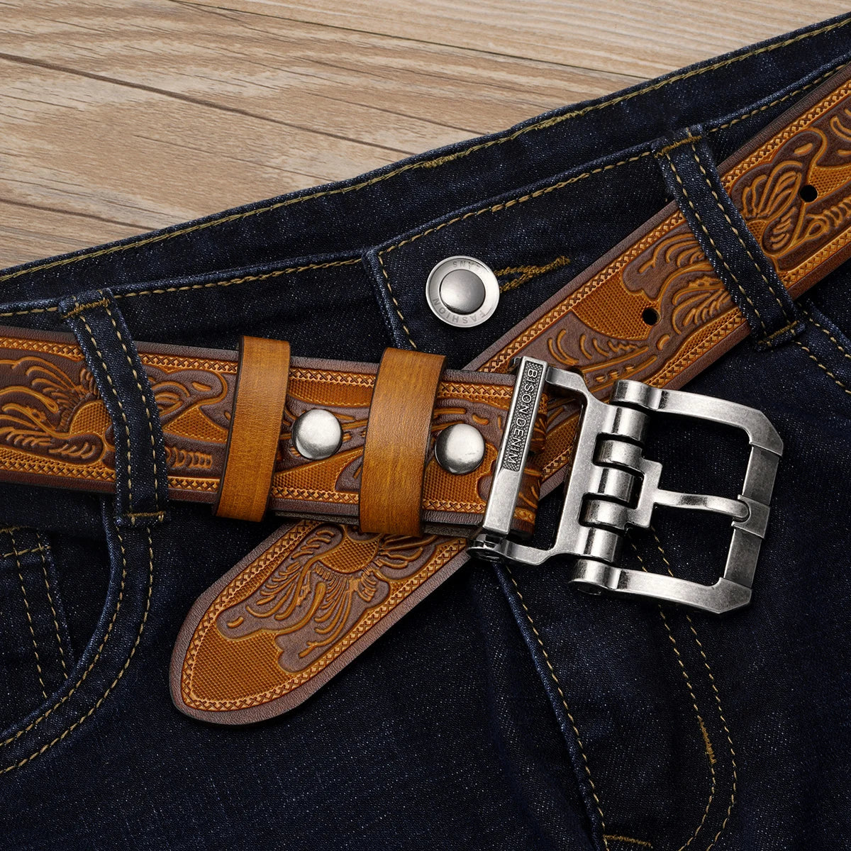 BISON DENIM Cowhide Retro Printed Men Belt Genuine Split Leather Alloy Pin Buckle Belt Casual Western Cowboy Style Belt For Men
