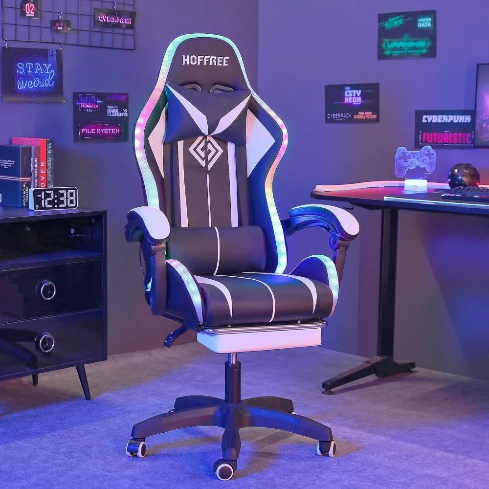 Ergonomic High Back Gaming Chair with LED RGB Lights, Massage, and Adjustable Footrest for Comfortable Video Gaming Experience