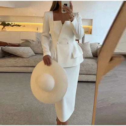 Elegant BlazerCoat Skirt Set Women Double Breasted Square Collar Slim Jacket And Midi Skirts Suits 2 Pieces Office Chic Outfits