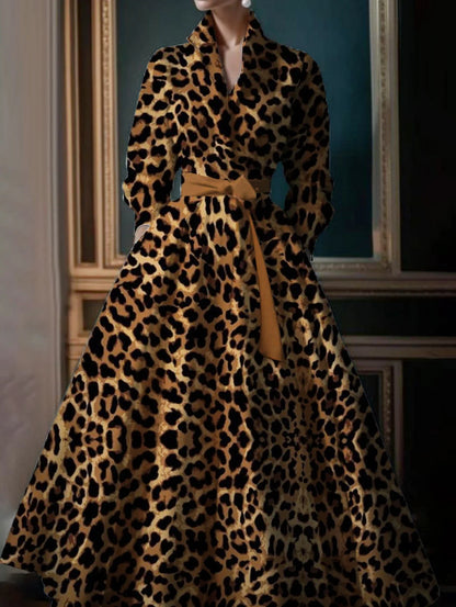Leopard Print Long Sleeve Maxi Dress Women Stand Collar Boho Pocket Dress Party Guest Outfits for Spring Summer Evening Events