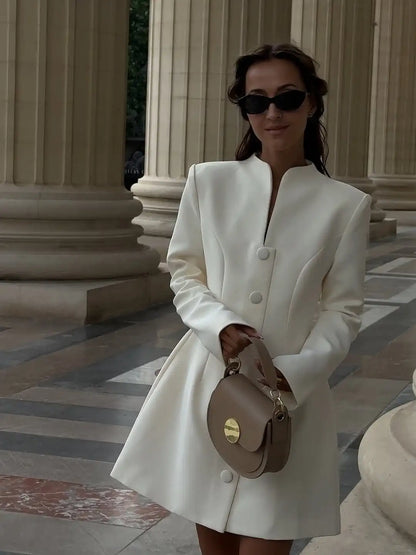 White Single Breasted A-line Mini Dress Women Elegant Solid Color Waist Pleated Short Dresses Daily Chic Evening Dinner Gowns