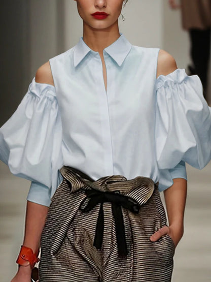 Modigirl Spring New Fashion Women Tuxedo Blouse Shirts 2025 Summer Cold Shoulder Office Party Leisure Black Tops for Women