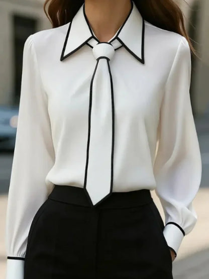 2025 Women Shirt Tie Neck Strap Necktie Lapel Design Loose Long Sleeve Blouses Blusas Mujer Moda Contrast Binding Shirt
