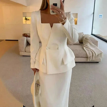 Elegant BlazerCoat Skirt Set Women Double Breasted Square Collar Slim Jacket And Midi Skirts Suits 2 Pieces Office Chic Outfits