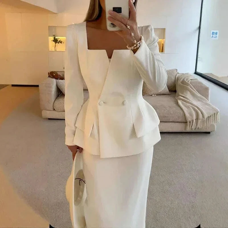 Elegant BlazerCoat Skirt Set Women Double Breasted Square Collar Slim Jacket And Midi Skirts Suits 2 Pieces Office Chic Outfits