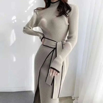 New Retro Knitted Bodycon Dress Women Korean Fashion Autumn Winter Half High Collar Lace Up Elegant Sweater Dresses Vestidos