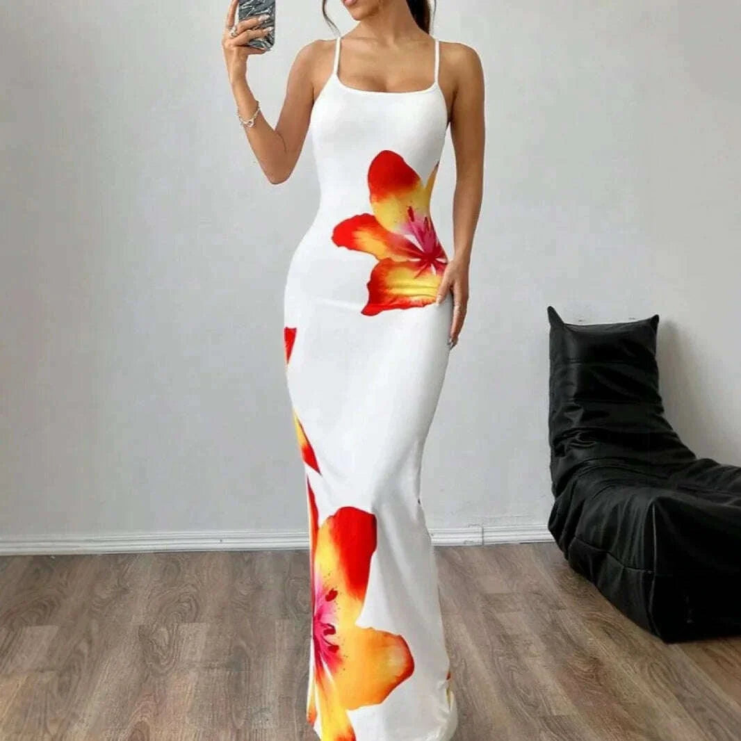 2025 Women s Sleeveless Strap O neck Sexy Belt Colorful Printed Long Skirt Evening Dress Y2k Sleeveless Solid Color Tight Fit