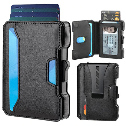 Minimalist Mens Wallet with Money Clip, Aluminum Pop Up Card Case and Leather Slots Credit Card Holder RFID Blocking Wallet