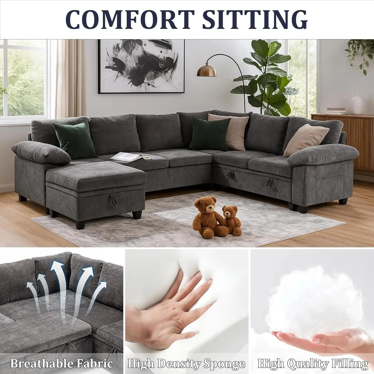 108 Inch Sectional Sleeper L Shaped Sofa with Pull Out Bed, 7 Seat Modular Sectional Sofa with Storage, Modern,...