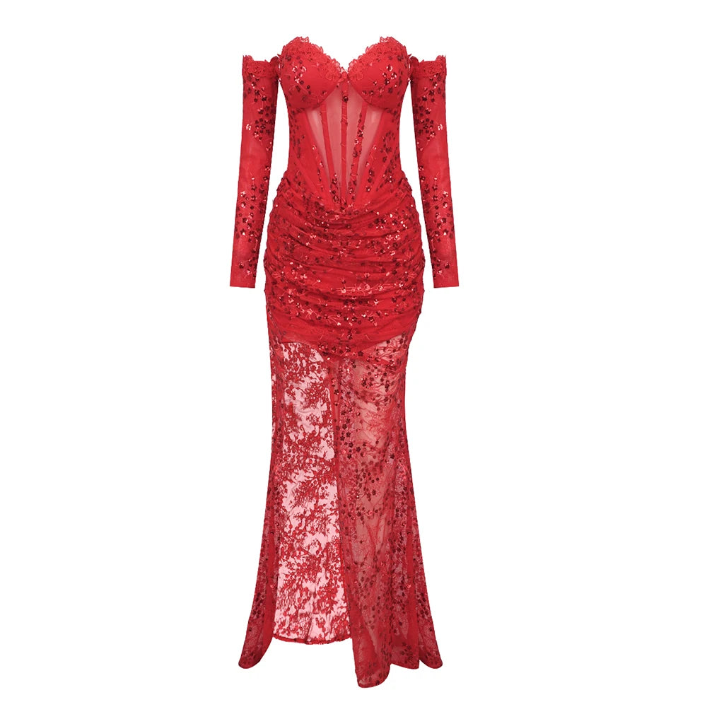 VC Luxury Women'S Dress Sparkly Red Sequins Patchwork Lace High Split Maxi Long Gowns With Gloves 2024 Summer New