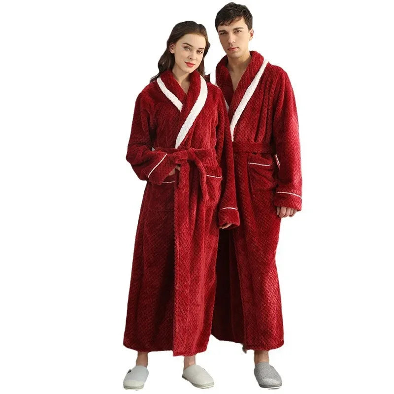 Winter Couple Flannel Robe Sets Lovers Solid Thicken Bathrobe Gown Nightwear with Pockets Intimate Lingerie & Cozy Home Clothing