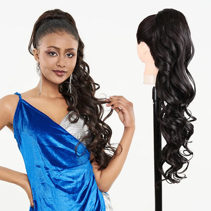 Julianna Synthetic Kanekalon Black Drawstring Water Wave Ponytail Extension Female Curly Wavy Clip In Ponytail Hair Extension