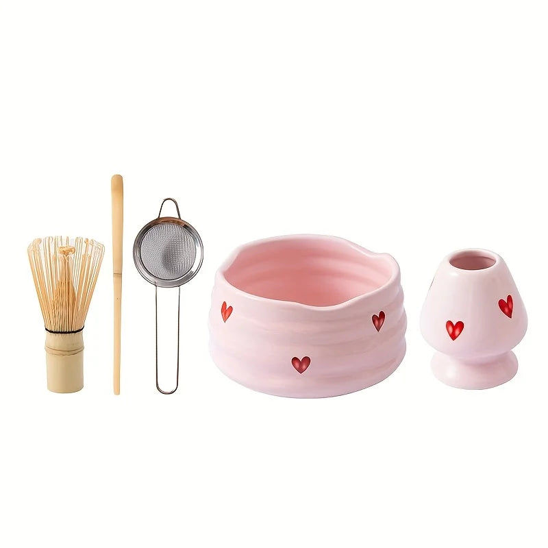 5pcs Pink Heart Decal Ceramic Matcha Set, Cute Matcha Set Includes Matcha Bowl, Matcha Whisk and Holder, Bamboo Scoop, Sifter